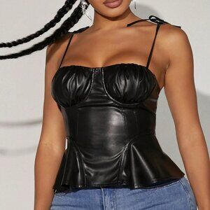 Black Casual Womens Ruched Bust Tie Shoulder PU Leather Cami Top